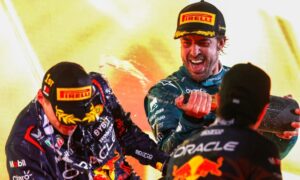 Max Verstappen e Fernando Alonso sul podio del GP del Bahrain 2023